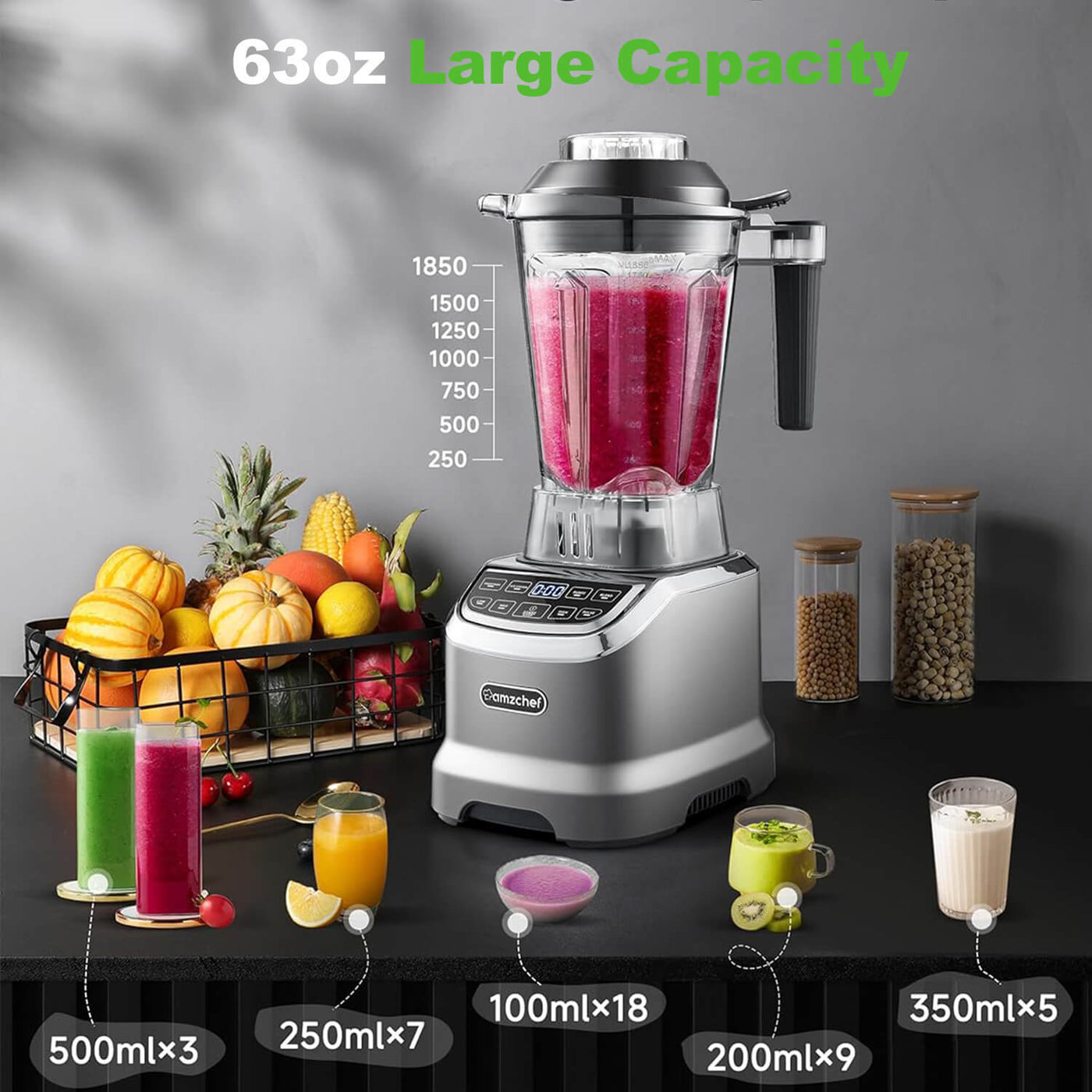 AMZCHEF Professional Blender for Smoothies 1800W 63 Oz