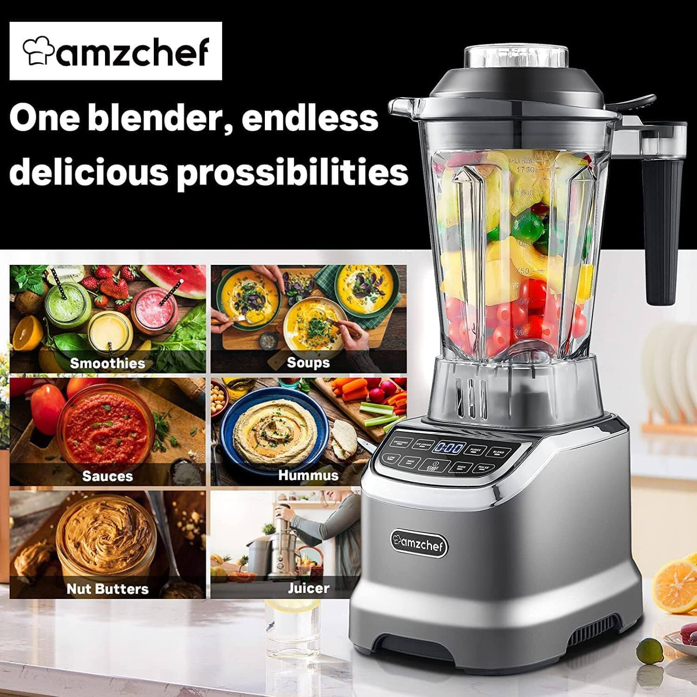 AMZCHEF Professional Blender for Smoothies 1800W 63 Oz