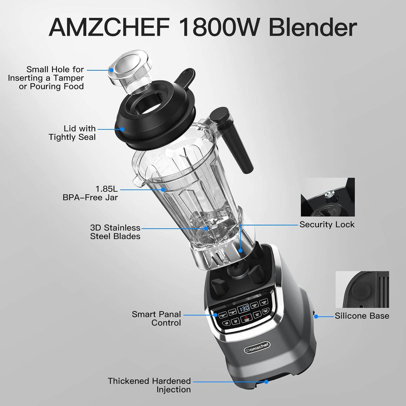 AMZCHEF Professional Blender for Smoothies 1800W 63 Oz